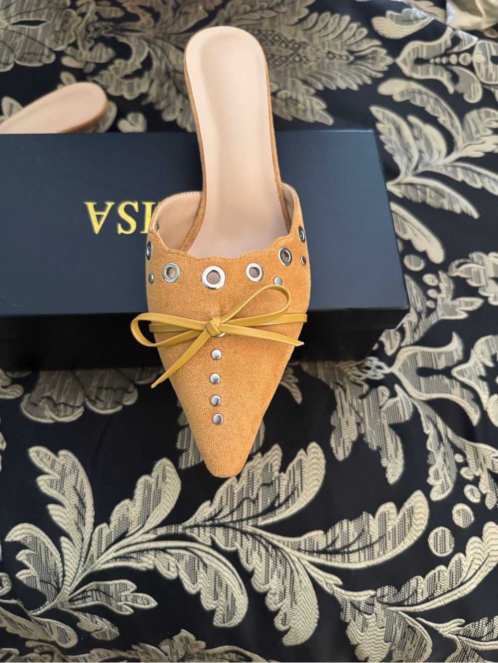 Suede Pointed Mule with Eyelet Detail in Mustard Yellow